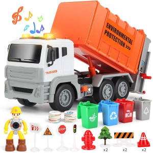 12 Garbage Truck Toys Trash Truck Dump Truck With 4 Garbage Cans Friction Powered Truck With Sound And Light Push And Go Pull