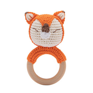 Wooden Baby Rattle Crochet Fox Baby Toys Handmade Newborn Toy Early Development Grips Stuffed Animal Organic Rattle