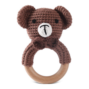 Wooden Baby Rattle Crochet Bear Baby Toys Handmade Newborn Toy Early Development Grips Stuffed Animal Organic Rattle