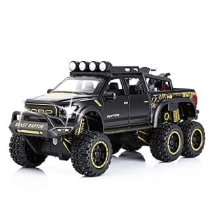 Sasbsc Toy Pickup Trucks For Boys F150 Raptor Diecast Metal Model Car With Sound And Light For Kids Age 3 Year And Up Black