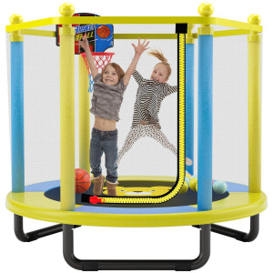 60 Trampoline For Kids 5Ft Indoor Outdoor Trampoline With Enclosure Net Mini Baby Toddler Trampoline With Basketball Hoop R