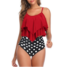 Womens Tankini Swimsuits High Waisted Bathing Suits Tummy Control Ruffled Top Swimwear Two Piece Swimming Suits 11 Redblack Dot