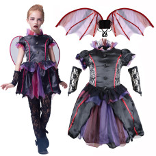 Ikali Girls Halloween Vampire Bat Costume With Wings Kids Gothic Darkness Fancy Dress Party Outfit