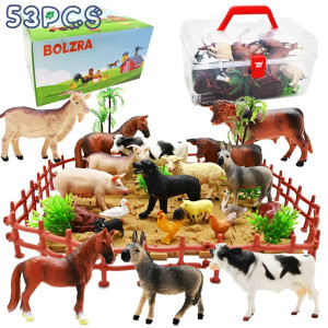 Farm Animals Figurines Toys 53Pcs Realistic Plastic Farm Playset With Fences Soil Building Blocks Farm Figures Learning Educat