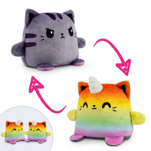 Teeturtle Plushmates Cat Kittencorn Rainbow Gray Happy Angry The Reversible Plush That Hold Hands 5 Inch