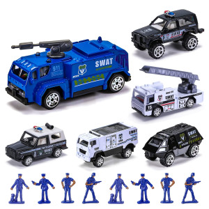 Dunriog Toys 14 Pack Diecast Police Rescue Truck Vehicles Sets 6 Pack Mini Police Vehicles Model 8 Policemen Mini Alloy Metal P