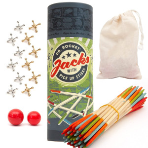 Jacks Game And Wooden Pick Up Sticks Combo Pack 12 Metal Gold And Silver Jax 2 Sizes Of Red High Bounce Balls 40 Pick Up Stic