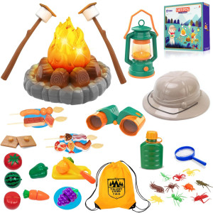 Mitcien Camping Toys For Kids Pretend Campfire Lantern Safari Hat Binoculars Bottle Toy Food Smores Toddler Camping Pla