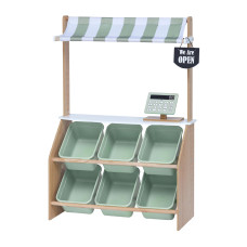 Teamson Kids Little Helper Wooden Farmers Market Stand With Pretend Cash Register And 6 Plastic Storage Bins Green Td13638A