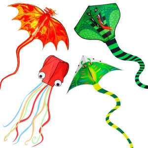 4 Pack Kites Large Fire Dragon Kite Green Snake Kite Devil Fish Kite Red Mollusc Octopus With Long Colorful Tail For Kids Adul