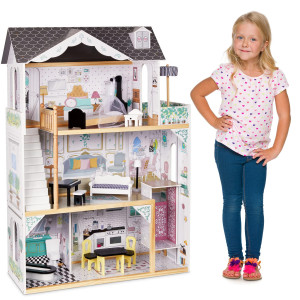 Lil Jumbl Kids Wooden Dollhouse With Elevator Balcony Stairs Accessories Furniture Included Xlarge 3 Story Easy To Asse