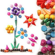 Promise Babe 81 Pcs Loose Parts Play Materials Wooden Rainbow Stacking Toy For Toddlers, Preschool Learning Educational Shape Sorting Sensory Play Montessori Toys With 7 Shapes, 27 Colors