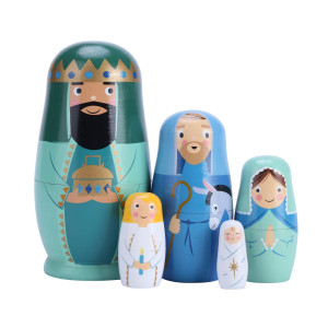 Yoption 5Pcs Russian Matryoshka Dolls Handmade Wooden Jesus Nativity Nesting Dolls Set For Christmas Easter Birthday Gift Decora