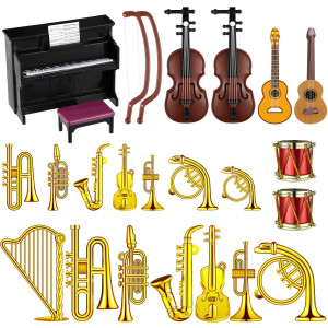 24 Pieces Dollhouse Musical Instruments Miniature Violin Piano Trumpet Saxophone Electric Guitar Tiny Instruments Set For Mini H