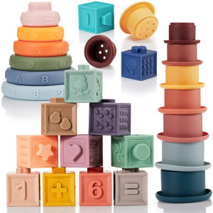 Charniol 3 Set Montessori Toys For Babies Soft Baby Stacking Block Baby Toy Blocks For 6 To 12 Months Silicone Ring Stacker Sens