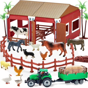 Bolzra Mini Barn Farm Toys Playset 66Pcs Plastic Animals Figurines And Fence Farm Playset Farm Figures Farmer Vehicle Toy Truc