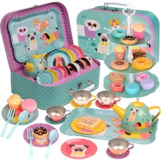 Jewelkeeper Toddler Toys Tea Set For Little Girls 42 Pcs Tin Tea Set For Kids Tea Time Includes Teapot 4 Tea Cup And Saucers