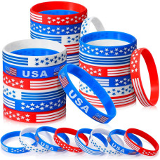 48 Pcs 4Th Of July Bracelets Usa American Flag Bracelets Red White And Blue Bracelet Wristbands Patriotic Silicone Bracelets Fo