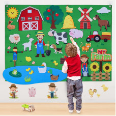 Homemall 40Pcs Farm Animals Felt Story Board Set 35 Ft Toddlers Preschool Farmhouse Themed Early Learning Storytelling Flannel