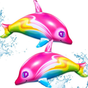 Zhanmai Dolphin Rainbow Inflatable Pool Toy 36 Inch Summer Colorful Pink Poolside Aquatic Themed Decor Inflate Pool Beach Birthd