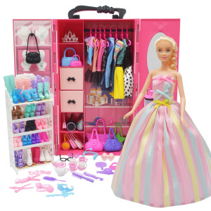 Nokutip 161 Pcs 115 Inch Girl Doll Closet Wardrobe With Clothes And Accessories Including Wardrobe Shoes Rack Clothes Dress Swi