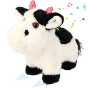 Cuteoy Walking Black Cow Stuffed Animal Speaking Moo Plush Cattle Electric Interactive Animated Plushies Toy For Girls Boys Birt