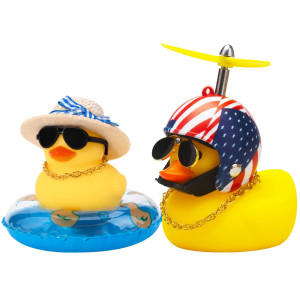 Wonuu Car Rubber Duck 2Pcs Of Car Ornament For Car Dashboard Decoration Accessories With Propeller Helmet Mini Sun Hat Swim Ring