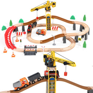 Giant Bean 72Pcs Tower Crane Wooden Train Set Toy Battery Operated Train Track For Boys And Girls 37 Fit Thomas The Train Br