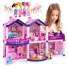 Dollhouse With 4 Princesses 4 Unicorns Dog Furniture And Accessories Pink And Purple Dream Doll House Toy For Little Girls