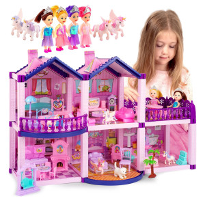 Dollhouse With 4 Princesses 4 Unicorns Dog Furniture And Accessories Pink And Purple Dream Doll House Toy For Little Girls