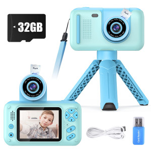 Purulu Kids Camera With Flipup Lens For Selfie Video Hd Digital Camera With 32Gb Sd Card Ideal For 38 Years Old Girls Boys