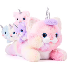 Earthsound Cat Mom And Baby Stuffed Animal Mommy Plush Toy 16 Cute Small Mama Soft Toy With Mini Little Babies Family Set Gift