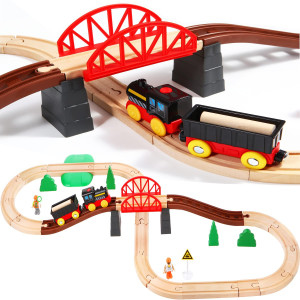 Asweets Wooden Train Set For Toddler 40 Piece With Train Track Electric Operated Fits Thomas Brio Melissa And Doug Magnet Batter