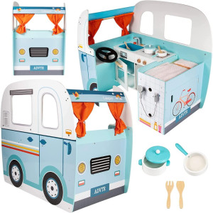 Wooden Play Camper Van Toy Playset W Steering Wheel Kitchen W Stove Oven Bed Pillow Pretend Shower Curtains Personalizati