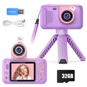 Purulu Kids Camera With Flipup Lens For Selfie Video Hd Digital Camera With 32Gb Sd Card Ideal For 38 Years Old Girls Boys