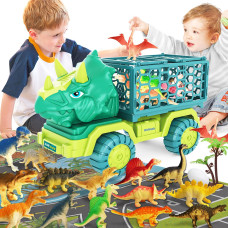 Hongid Dinosaur Truck Toys For Kids 35 Triceratops Car Toy With 15 Dino Figures Large Activity Play Mat Dinosaur Eggs Dinosa