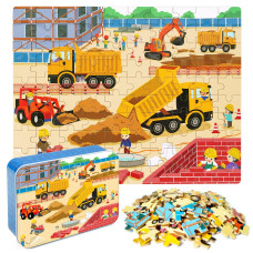 Lelemon 100 Pieces Jigsaw Puzzles In A Metal Box For Kids Age For 48 Boys Girls Toy Puzzles Construction Site Vehicles Children