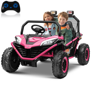 Alinux 24 Volt 10Ah Ride On Car Utv 2 Seater Kids Electric Car Metal Frame Brakegas Pedal Eva Tires Bluetooth Pink