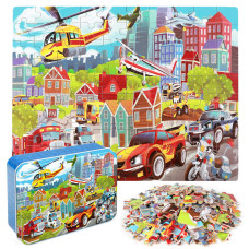 Lelemon Puzzles For Kids Ages 48 Vehicles Jigsaw Puzzles In A Metal Box For Kids Boys Girls 100 Pieces Fire Truck Ambulance Pol