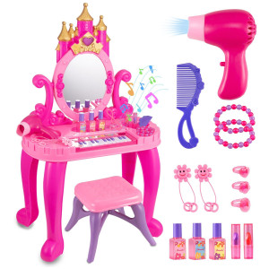 Vanity Makeup Table Toy With Adjustable Mirror Comfortable Seat Electronic Organ Lights And Music For Little Girls Spark I