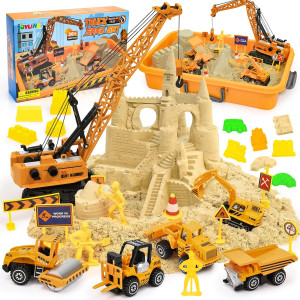 Toylink Construction Sandbox Toys Kids Play Sand Kit 31Lbs Sand Large Tower Crane 5 Trucks 13 Signs 14 Molds Beach Bu