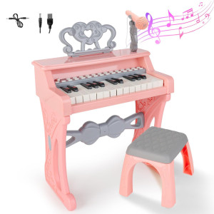 Deao Childrens Piano For Girls Childrens Musical Piano Keyboard Toys Electronic Piano Toy With Stool And Microphone 25 Keys