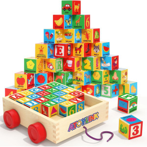 Atoylink Abc Wooden Building Blocks For Toddlers 13 30 Pcs Alphabet Number Stacking Toys With Storage Pull Toy Car Learning