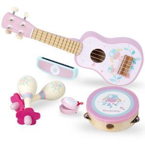 Woodenedu Kids Guitar For Girls Wooden Musical Instruments Toys With Ukulele Tambourine Maracas Harmonica Mini Band Sets Fo