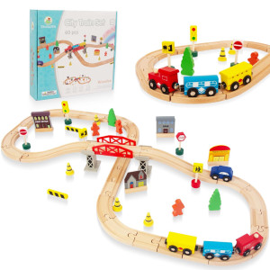 Woodenedu 60Pcs Train Set For Toddlers Bridge Doubleside Wooden Train Set Tracks Fits Brio Thomas Melissa And Doug Kids