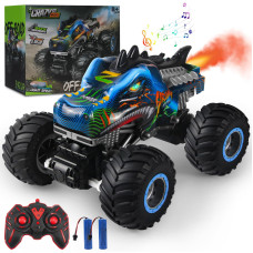 Rhybor Remote Control Dinosaur Car 24Ghz All Terrain Remote Control Monster Truck Rc Dinosaur Monster Car Spray Music Monste