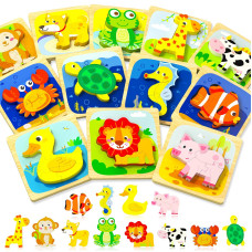 Benresive Wooden Toddler Puzzles Ages 13 Montessori Toys For 1 2 3 Year Old Boys Girls 12 Pack Animal Toddler Toys Gifts For