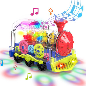 Kizeefun Light Up Train Toy For Toddlers Transparent Gear Car Toy For Kids With Cool Light And Music Educational Crawling Toys