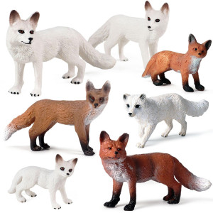 Rcomg 7Pcs Fox Toy Figures Plastic Forest Animals Fox Figurines Set Include Arctic Fox Red Foxes Toys Cake Topper Party Favo