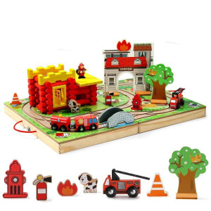 Sainsmart Jr Train Set For Toddlers Portable Fire Station Log Cabin 66 Pcs Takealong Tabletop Railroad With Building Block F